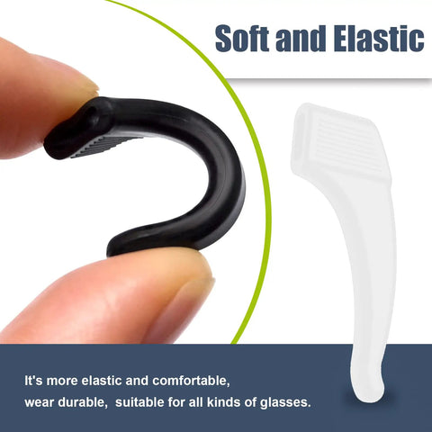 Close-up of soft black silicone ear grip for No Slip Eyeglass Ear Grips Hook Set, 20 Pairs Silicone Temple Tips Sleeve Holders.