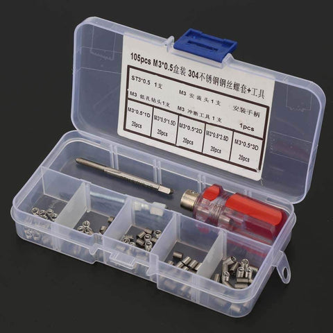 Clear case displaying 105 Piece Stainless Steel Threaded Inserts Repair Kit For Aluminum And Plastic, Wire Insert Installation Set, M3 X 0.5 Internal Thread Repair.