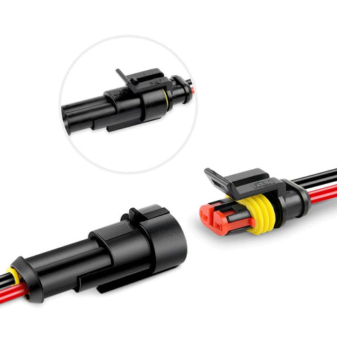 Nilight 50020R 2-pin waterproof automotive wire connector with red and black 16 AWG leads and yellow seal, 10-pack