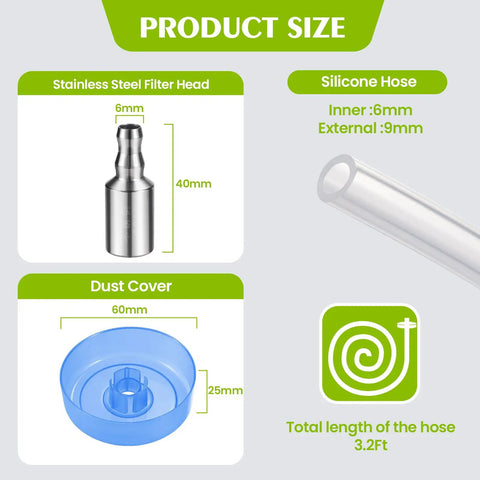 Diagram showing silicone hose, stainless steel filter head, and dust cover for Silicone Water Dispenser Hose For 5 Gallon Bottles.