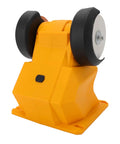 Cordless Mini Bench Grinder with Dual 70mm Wheels Spinning at 5500 RPM shown in yellow, compact design for easy transport and sharpening.