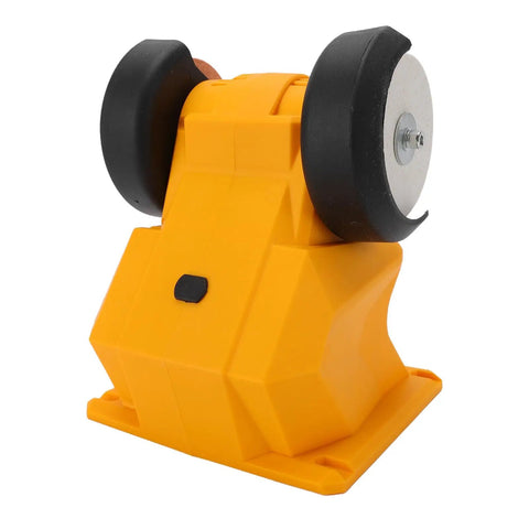 Cordless Mini Bench Grinder with Dual 70mm Wheels Spinning at 5500 RPM shown in yellow, compact design for easy transport and sharpening.