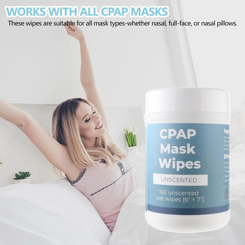 CPAP Mask Wipes unscented canister, 160 wipes; white canister with blue label, Amazon brand (front view).
