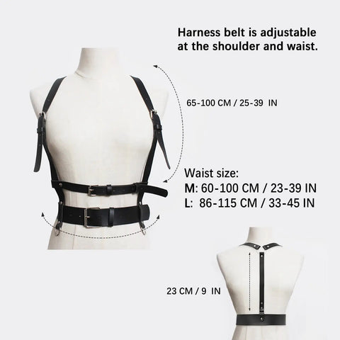 Premium Punk Leather Harness Belt For Women adjustable corset waist strap shown on mannequin, size info and measurements visible.