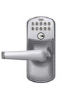 Front view of Plymouth Satin Chrome Light Commercial Electronic Keypad Entry Lock With Elan Lever For Exterior Doors