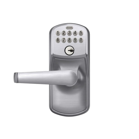 Front view of Plymouth Satin Chrome Light Commercial Electronic Keypad Entry Lock With Elan Lever For Exterior Doors