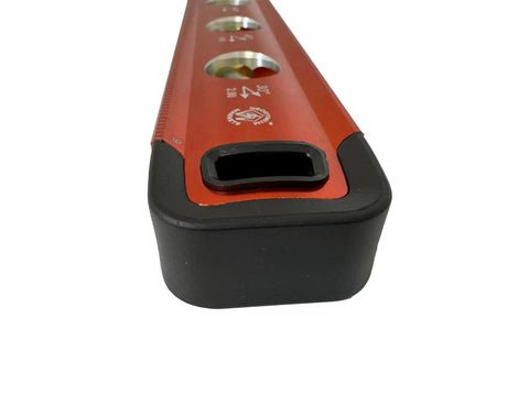 Close-up of Savage Grip 11-Inch Aluminum Torpedo Level With Brightview Technology And Four Neodymium Magnets, orange edge view.