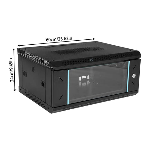 Heavy Duty 4U Wall Mount Server Rack Cabinet Built Tough For Network Switches And IT Gear With Shatter Resistant Glass Door displayed with dimensions.
