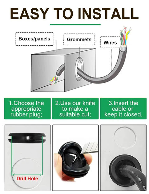 110 Pcs Rubber Grommets Kit With Six Sizes for sheet metal and cables installation diagram