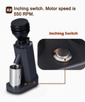 No Fuss Electric Coffee Grinder Featuring A 40mm Hardened Stainless Steel Conical Burr And 19 Exact Gear Positions For Killer Espresso And Hand Drip Brewing In Sleek White Design with inching switch and motor speed indicator.