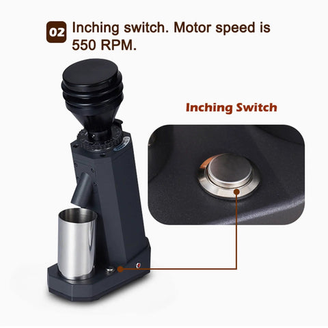 No Fuss Electric Coffee Grinder Featuring A 40mm Hardened Stainless Steel Conical Burr And 19 Exact Gear Positions For Killer Espresso And Hand Drip Brewing In Sleek White Design with inching switch and motor speed indicator.