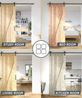Collage showing 6Ft Sliding Barn Door Hardware Kit With Track in study, bedroom, living room, and kitchen settings.