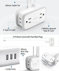 Diagram of Two Pack GaN USB C Power Strip with 45W USB C Ports, four outlets, four foot retractable extension cord, silicone cable tie.