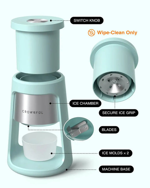 Cool Blue 130W Electric Shaved Ice Machine And Snow Cone Maker featuring a secure ice chamber and stainless blades.