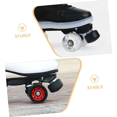 2 Pcs Adjustable Rubber Toe Stops for Roller Skates, Round Shape Braking Blocks, view of black toe stops in use on skates