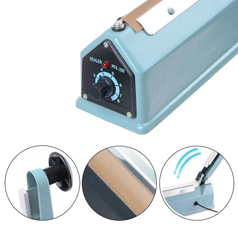 Close-up of 8 Inch 200mm Impulse Sealer 300W No Warm Up Required Manual Plastic Poly Bag Heat Sealing Machine with timer.