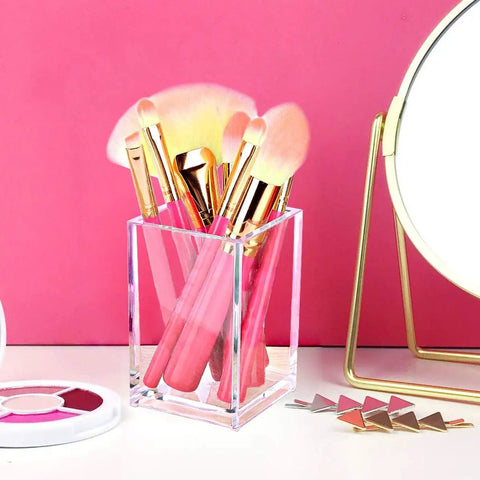 Clear Acrylic Pencil Pen Holder Cup Set 2 Pack for Desk Accessories Storage Makeup Brush Organizer with brushes on desk