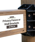 Top Shelf Heavy Duty Privacy Fence Brackets For Standard 2x4 Wood Railings Pre Drilled Galvanized Steel 8 Pack close-up on wood rail and black bracket.