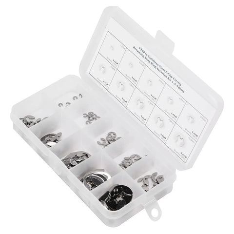 120 Piece E Clip Set In Stainless Steel External Retaining Rings Circlips From 1.5mm To 10mm with organized case viewed from top
