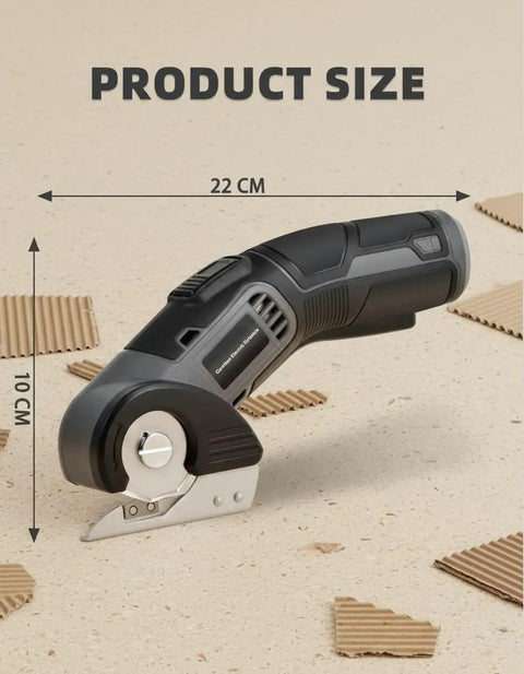 Lightweight Cordless Electric Scissors With Safety Lock For Easy Cutting Cardboard Fabric Leather Rope Plastic Carpet Perfect For Home DIY Craft Projects And General Household Tasks With Fast Usb Charging And Dual Blades Included For Efficient Workflow shown on a beige background with dimensions represented.