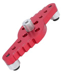 Premium Aluminum Self Centering Dowel Jig Kit Featuring Stainless Guiding Rings showing red alignment frame with drilled holes.