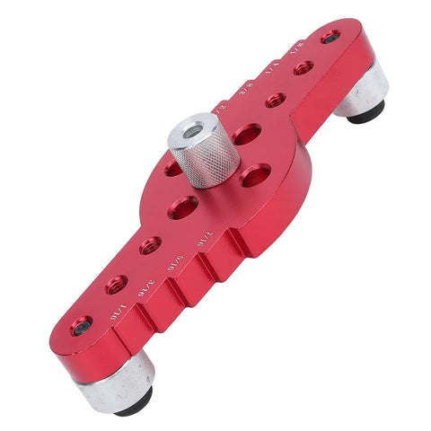 Premium Aluminum Self Centering Dowel Jig Kit Featuring Stainless Guiding Rings showing red alignment frame with drilled holes.