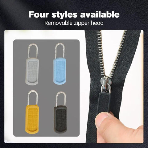 Universal Zipper Pull Replacement Kit For Jackets Luggage Backpacks Purses Boots And Pants With Removable Anti Slip Pull Tabs Black 10 Pack 2025 Update Durable Universal Fit For Everyday Gear Easy Quick Fix showing four styles of zipper pulls and a close-up of a pull being installed on a jacket.
