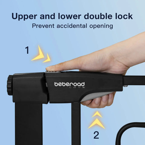 Hand demonstrating lock mechanism on Wide Range Baby And Pet Safety Gate For Doorways And Stairs With 29.5 To 51.5 Inch Width