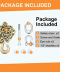 Ultimate 5th Wheel Trailer Safety Towing Chain Kit package contents with chains, screws, eye nuts, and shackles shown.