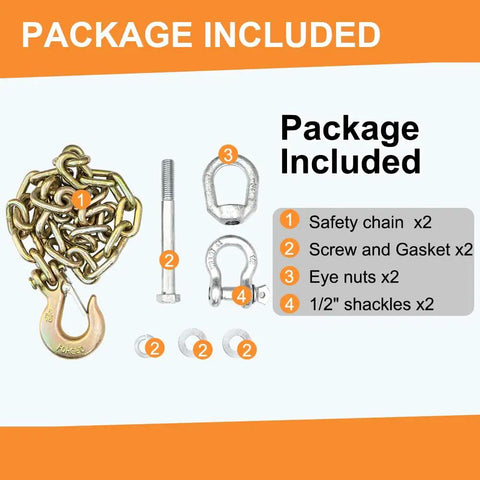 Ultimate 5th Wheel Trailer Safety Towing Chain Kit package contents with chains, screws, eye nuts, and shackles shown.