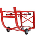Heavy Duty Steel Drum Cradle For 55 Gallon Barrels With Retractable Lever And Rock Solid Build, red frame and wheels for easy transport.