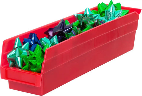 Heavy Duty Plastic Shelf Bins Stackable For Garage Closet And Drawer Organization In Red 18 Inch By 4 Inch By 4 Inch Durable Storage Containers