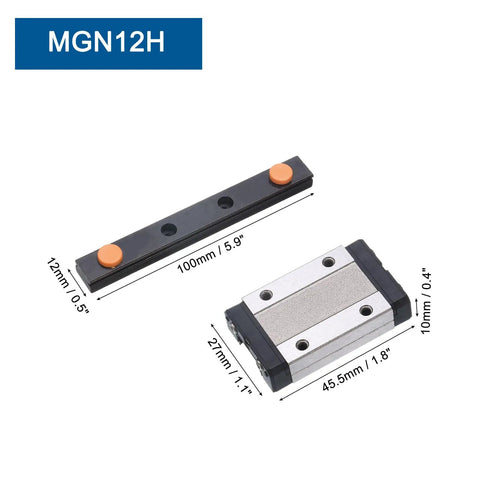 100Mm Linear Guide Rail Set With MGN12H Carriage Block And Mini Linear Guide For DIY 3D Printers And CNC Machines Bearing Steel Smooth Glide Pro Grade Rails product image showing rail and carriage dimensions