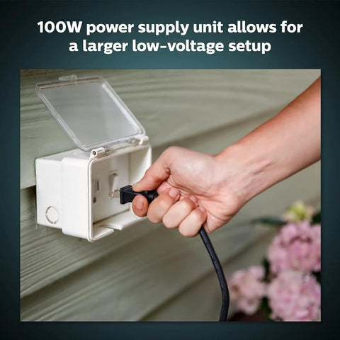 Plug And Play Outdoor 100W Power Supply For Hue Low Voltage Lights plugged into outdoor socket
