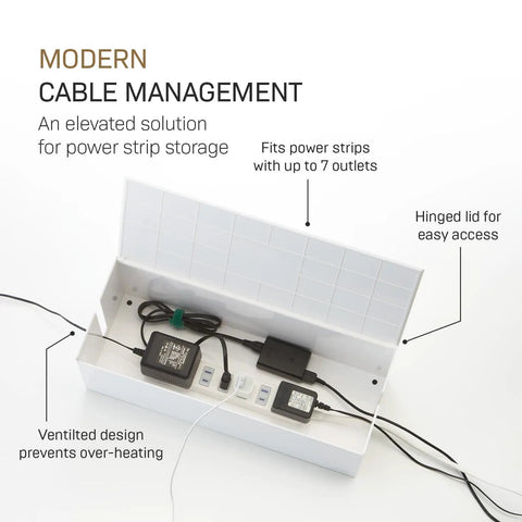 Open Cable Management Box With Lid For Office Setup, holding cords and power strip, showing wire organization and ventilation design.