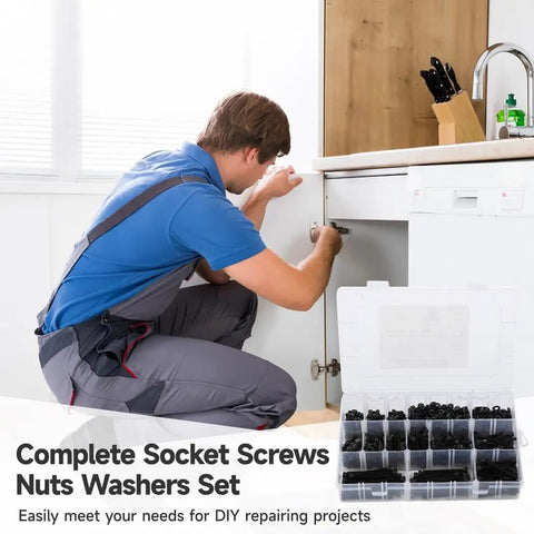 Person using 722 Piece Hex Socket Bolt Nut Washer Kit M4 6 To 50 Mm Set for Repair And DIY Projects with Allen wrenches