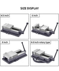 Top Shelf Heavy Duty Milling Vise With Flat Jaw Design Delivers Hella Tight Locking Power On Cnc Workbenches size display in 4, 6, 8 inch options.
