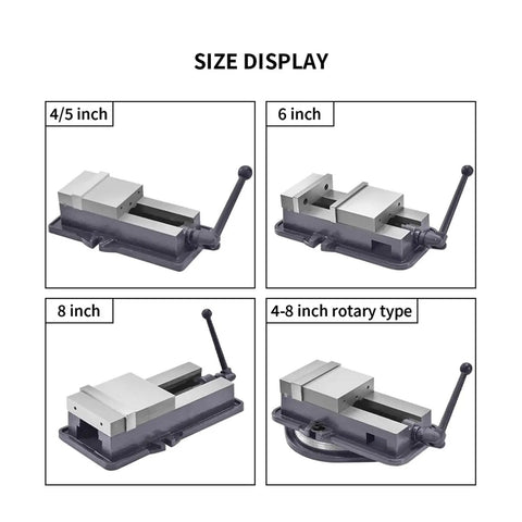 Top Shelf Heavy Duty Milling Vise With Flat Jaw Design Delivers Hella Tight Locking Power On Cnc Workbenches size display in 4, 6, 8 inch options.