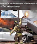 Top Shelf Heavy Duty Car Fire Blanket With Double Sided Silicone Shielding For Extreme Heat Resistance Up To One Thousand One Hundred Celsius used by firefighter over vehicle.