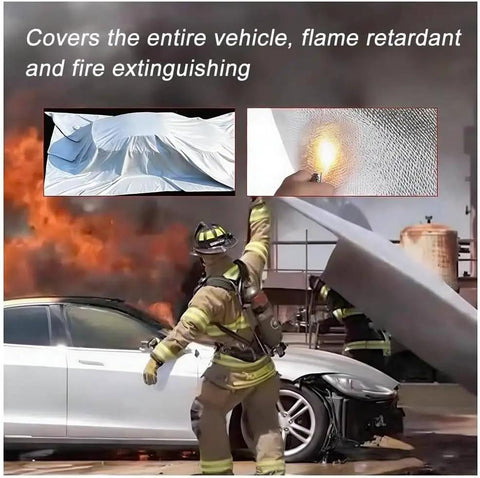 Top Shelf Heavy Duty Car Fire Blanket With Double Sided Silicone Shielding For Extreme Heat Resistance Up To One Thousand One Hundred Celsius used by firefighter over vehicle.