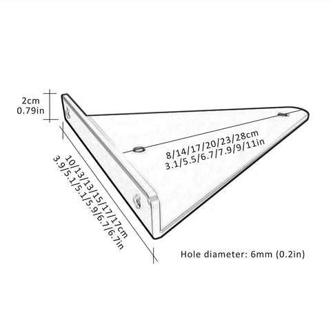 Diagram of Heavy Duty Triangle Shelf Brackets For Wall Mount Floating Corner Supports with size measurements and hole details.