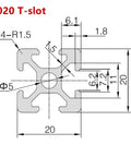 2020 T-slot aluminum profile extrusion diagram with dimensions for DIY framing and industrial use.