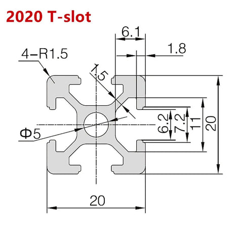 2020 T-slot aluminum profile extrusion diagram with dimensions for DIY framing and industrial use.