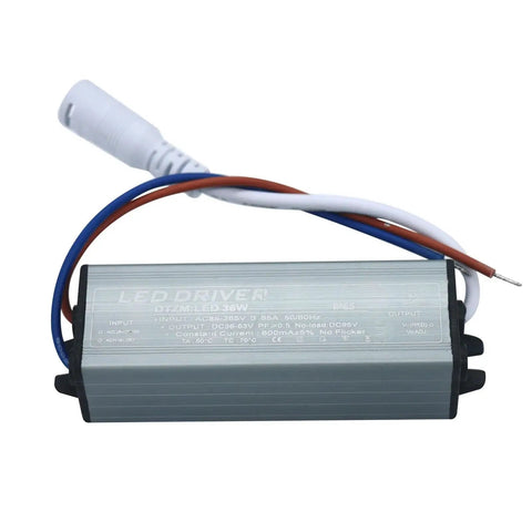 Outdoor Waterproof LED Driver Power Supply 600mA 36W, DC 36-65V Output For LED Strips And Modules, Wide 85-265V AC Input, Industrial Grade Lighting, Perfect For DIY Fixes And Home Projects. silver aluminum LED driver with wire leads