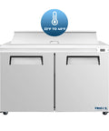 Straight Up Heavy Duty 60 Inch Stainless Steel Refrigerated Sandwich Prep Table With Two Doors And Ample Cold Storage Built Rock Solid For Commercial Kitchen Salad Bars, front view with temperature range