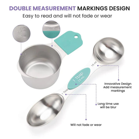 Heavy Duty Magnetic Measuring Cups And Spoons Set In 304 Stainless Steel With Double Markings, close-up view of measurement markings.
