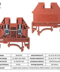Front and back view of Red DIN Rail Terminal Block Screw Type UL 600V 30A 10 to 22 AWG High Reliability Compact Design.