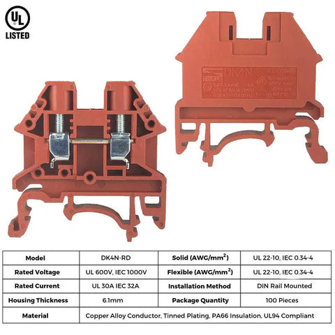Front and back view of Red DIN Rail Terminal Block Screw Type UL 600V 30A 10 to 22 AWG High Reliability Compact Design.