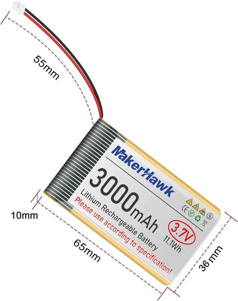 Beefy 3.7V 3000mAh LiPo Battery 1S With Protection Board Micro JST 1.25 Plug dimensions illustration