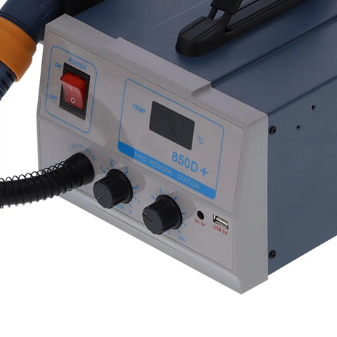 Close-up of Hot Air Rework Station 850D Soldering Iron Station With LED Digital Display showing temperature control panel